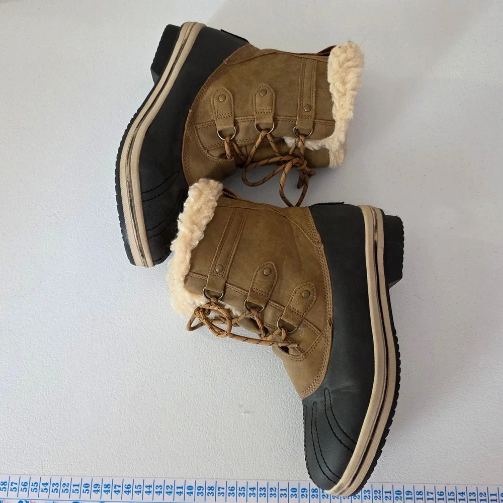Pawz Gina Snow Boots Women Size 9 Tan Black Faux Leather Wool Blend Sherpa Lined